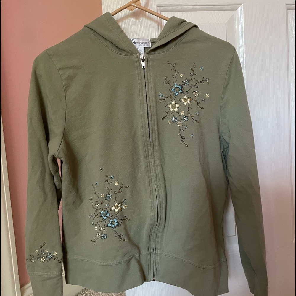 thrifted green jacket w floral designs